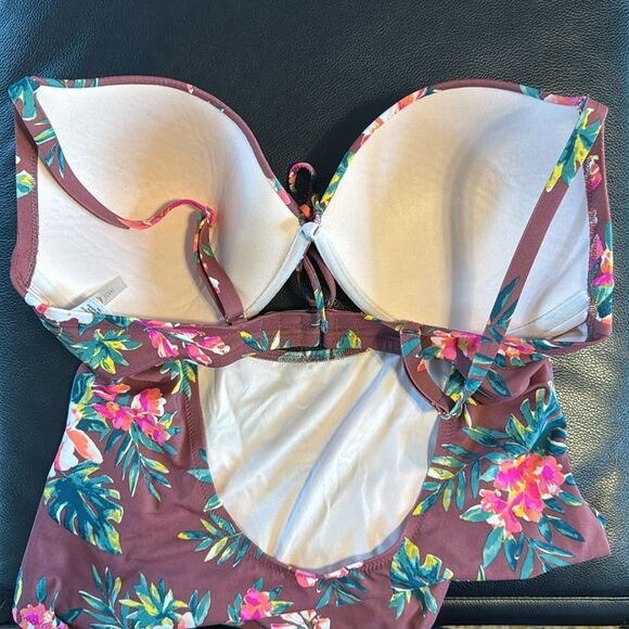 Shade & Shore Underwire Keyhole Tie Front Floral One-Piece Swimsuit 38DD - Picture 5 of 9